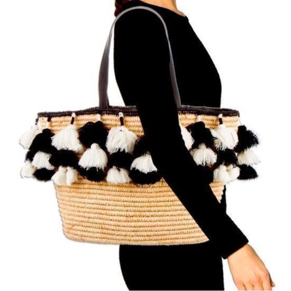 alice and olivia raffia black and white pom pom tote